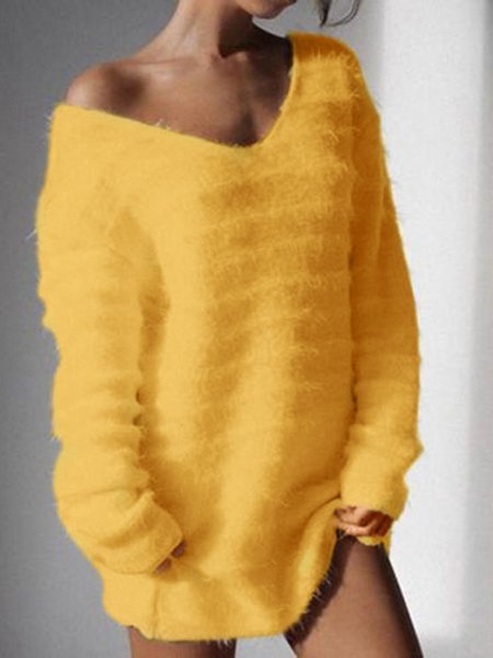 Women V Neck Fuzzy Sweater Solid Cashmere Fleece