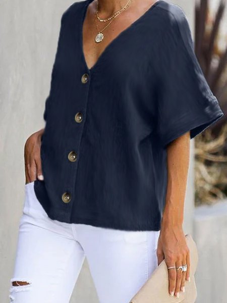 V Neck Solid Casual Blouse & Shirts