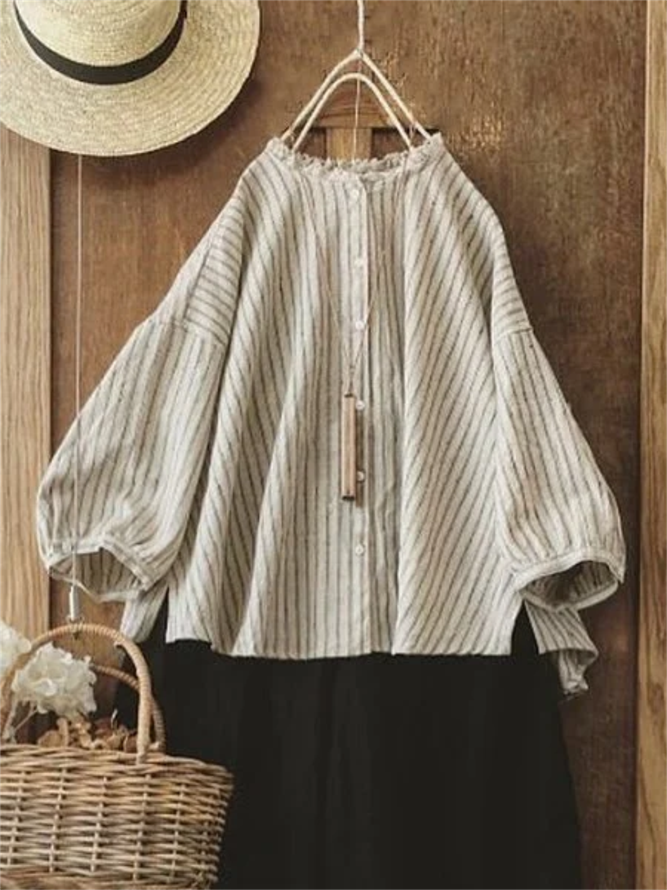 Vintage Striped Plus Size Long Sleeve Casual Tops