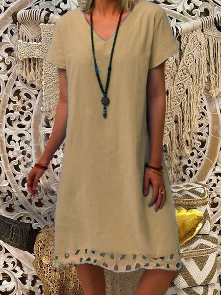 Hollow Cotton-Blend A-Line  V Neck Casual Short Sleeve Weaving Dress