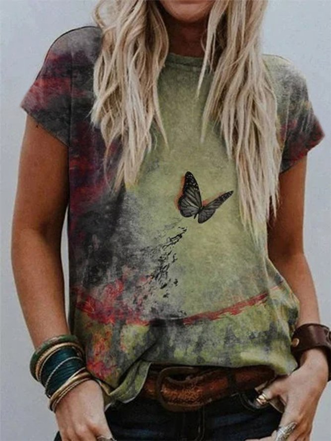 Multicolor Short Sleeve Ombre/tie-Dye Floral-Print T-shirt