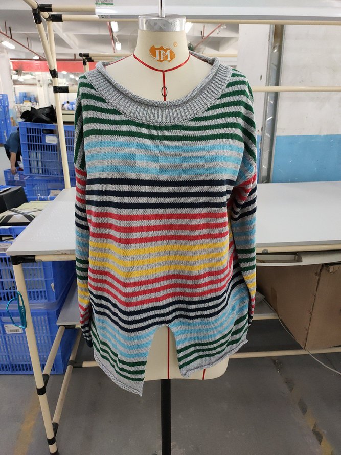 Casual Vintage Crew Neck Knitted Striped Shirts & Tops