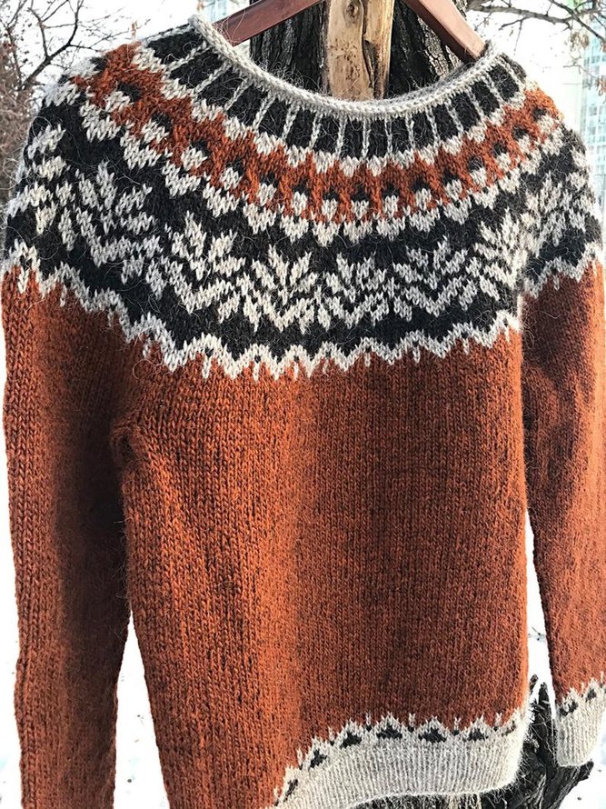 Brown Long Sleeve Vintage Cotton Crew Neck Sweater | noracora