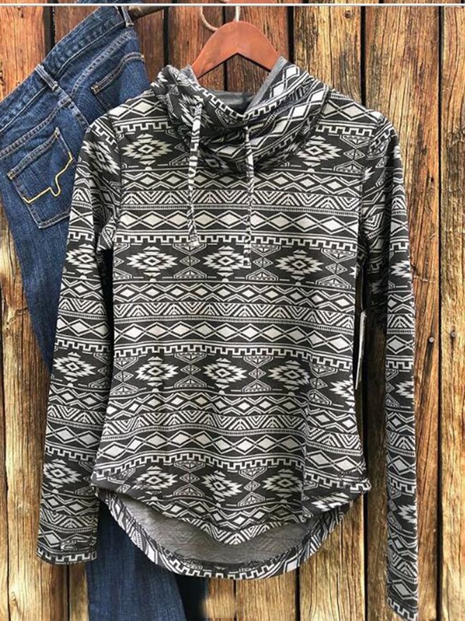 Black Cowl Neck Printed Casual Long Sleeve Sweatshirtss