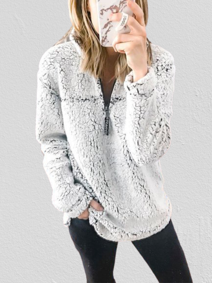 Light Gray Casual Cotton-Blend Zipper Sweatshirts
