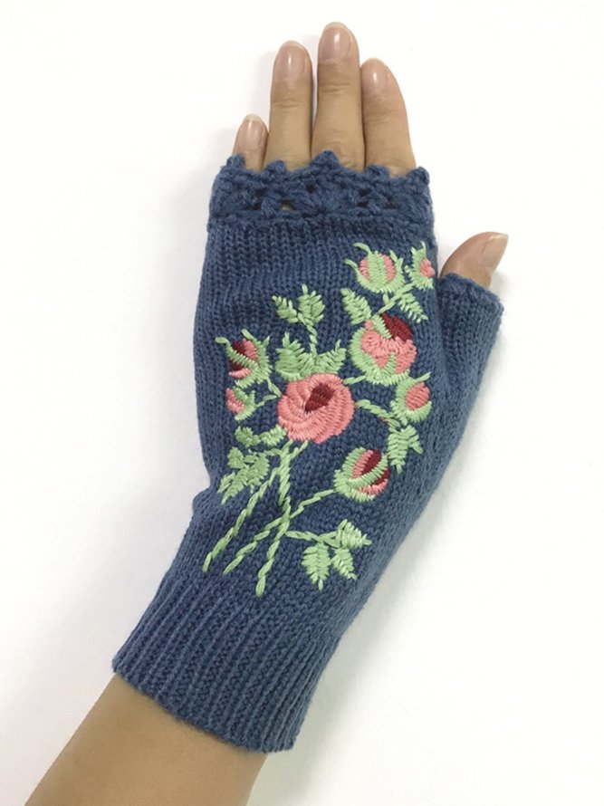 Wool knitted embroidery gloves noracora
