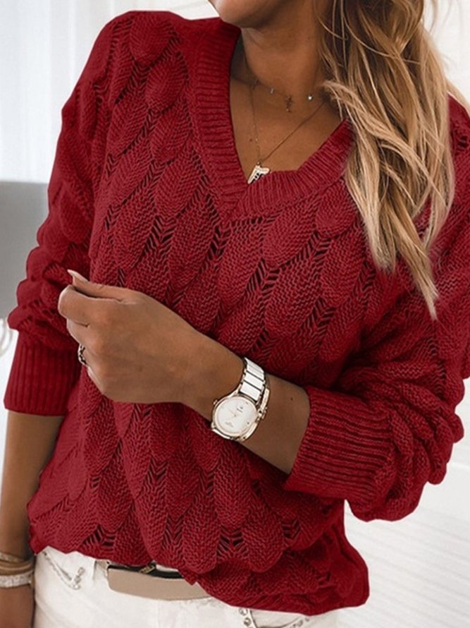 Vintage Plain Cable Three-dimensional Feather Cutout Long Sleeve V Neck Plus Size Casual Sweater