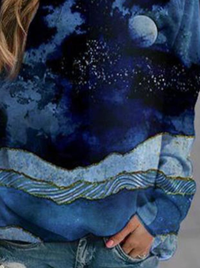 Vintage Multicolor Plus Size Long Sleeve Crew Neck Statement Moon Night Printed Casual Tops