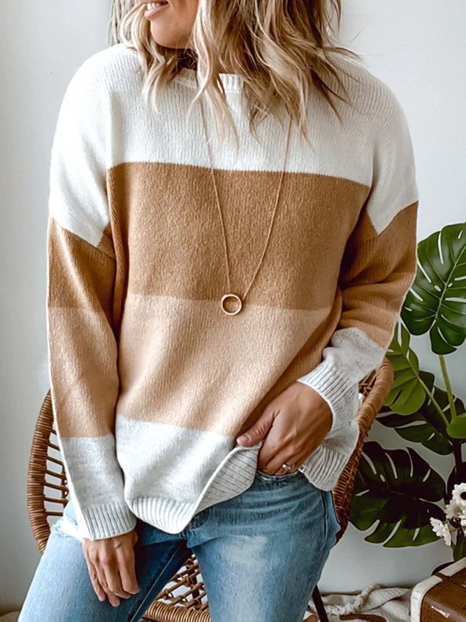 Casual Color-Block Cotton-Blend Round Neck Sweater