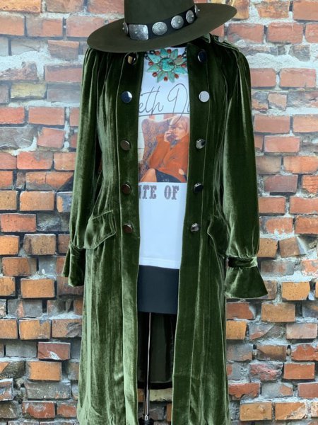 Olive Green Velvet Shirt Collar Vintage Plus Size Trench coat
