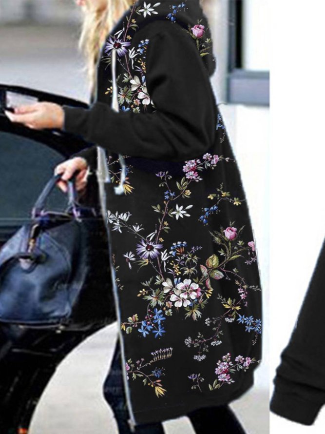 Black Floral Hoodie Long Sleeve FloralPrint Knit coat noracora