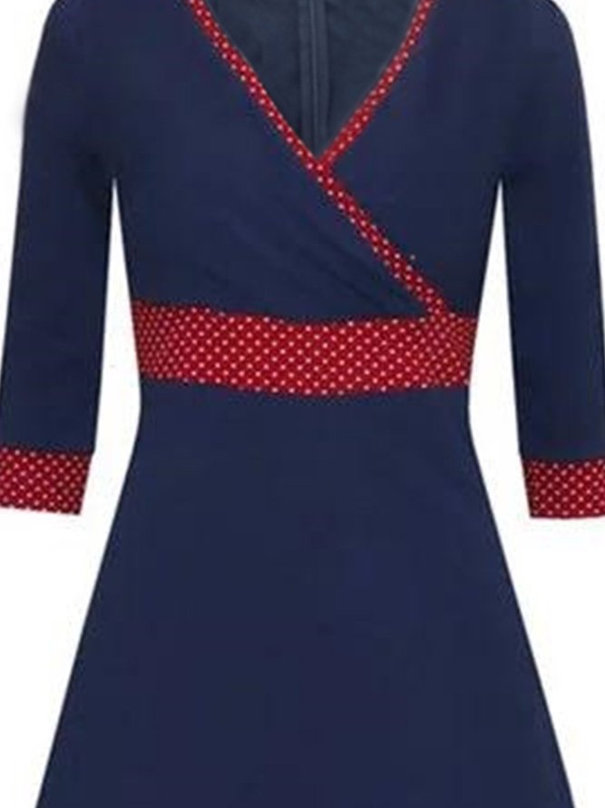 Vintage Long Sleeve Polka Dots Printed V Neck Plus Size Casual Knitting Dress