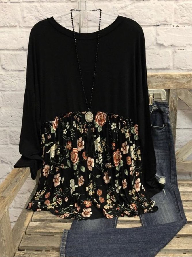 Large size Black Crew Neck Casual Printed Knitting Dress