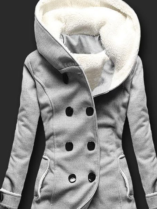 Light Gray Buttoned Hoodie Casual Knit coat