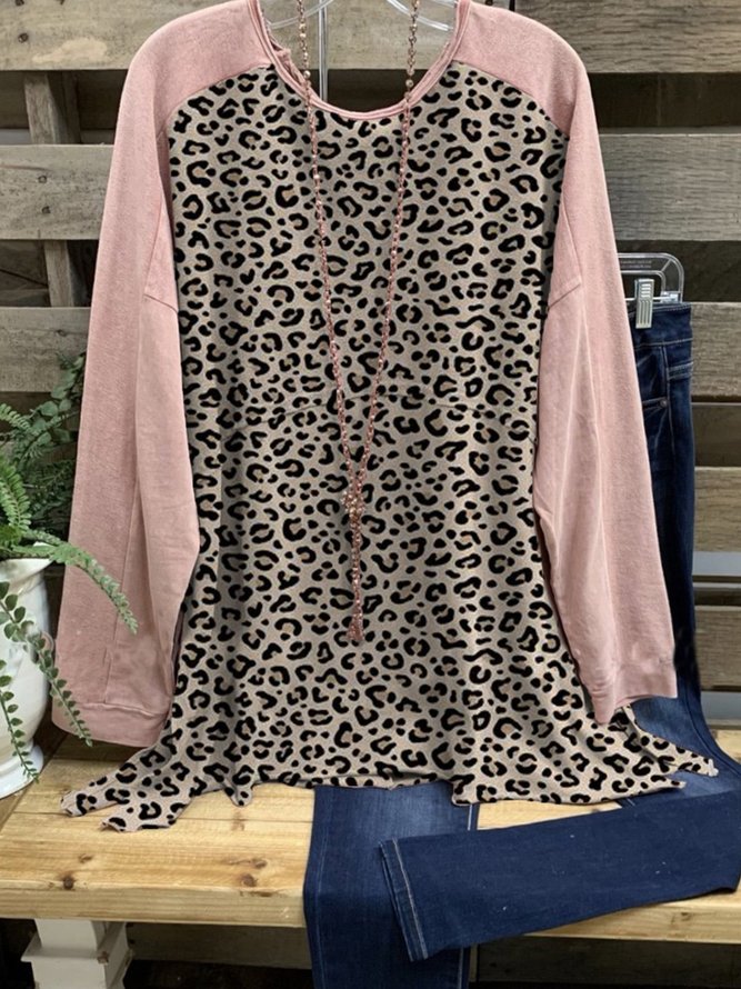 Pink Round Neck Casual Leopard T-shirt