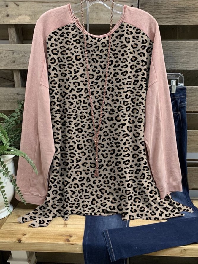 Pink Round Neck Casual Leopard T-shirt