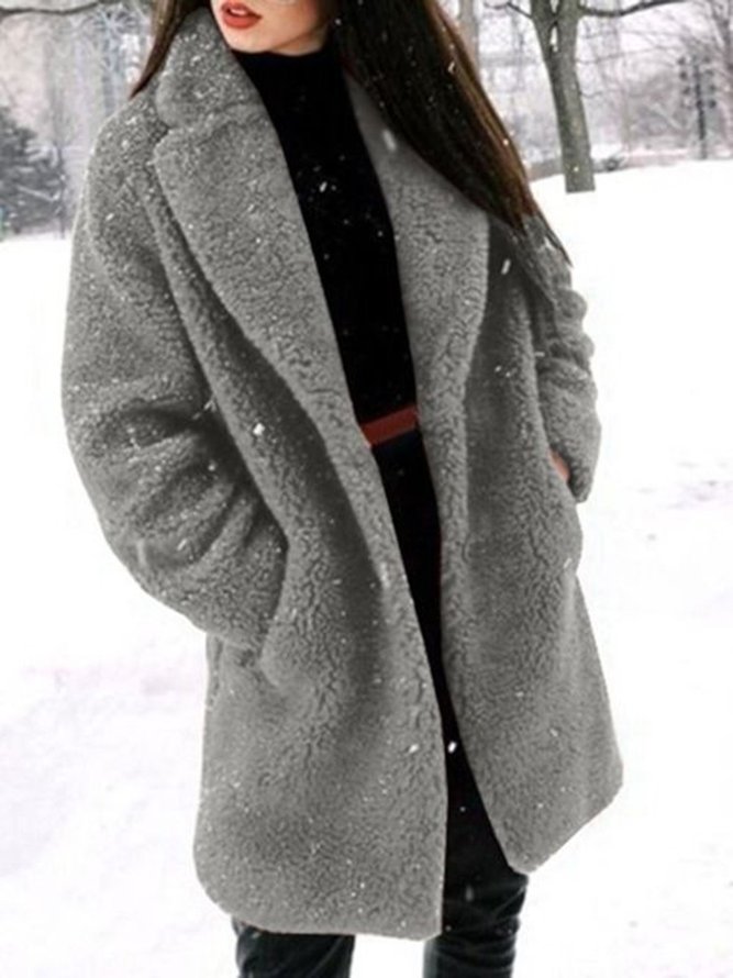 Women Fall Winter Casual Cotton Fleece Long Sleeve Gray Cardigan