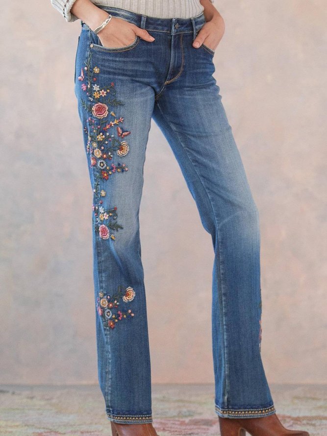 Blue Washed Floral Casual Denim Jeans