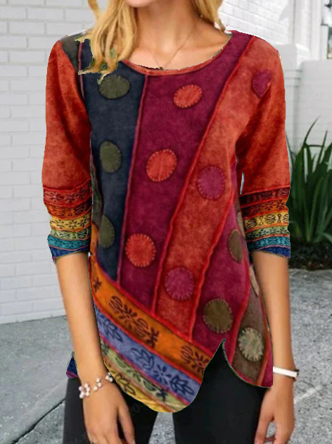 Abstract Long Sleeve Vintage Shift Tunic Top