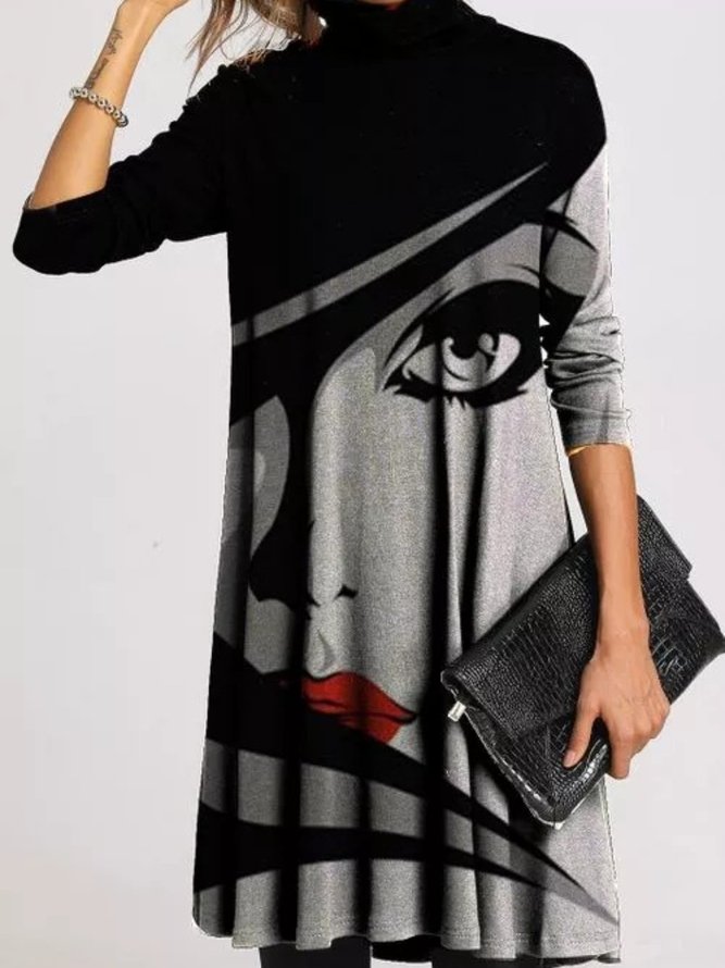 Round Neck Cotton Casual Printed Knitting Dress
