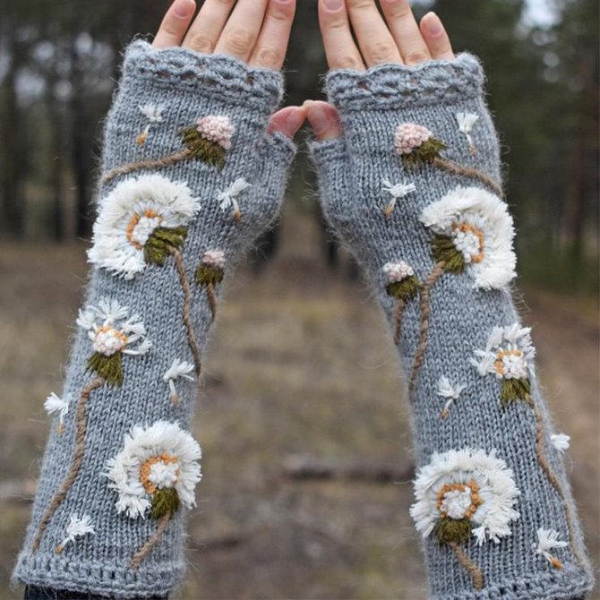 Long fingerless gloves with embroidered dandelions, wild flowers arm warmers, floral mitts, mori girl accessories, boho knit gloves women