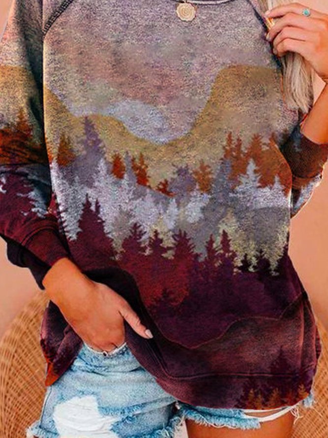 Long Sleeve Floral-Print Crew Neck Tunic Sweatshirt