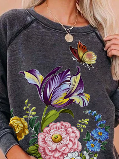 Raglan Sleeve Floral-Print Shift Sweatshirt