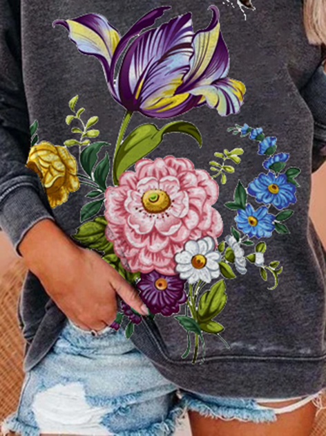 Raglan Sleeve Floral-Print Shift Sweatshirt