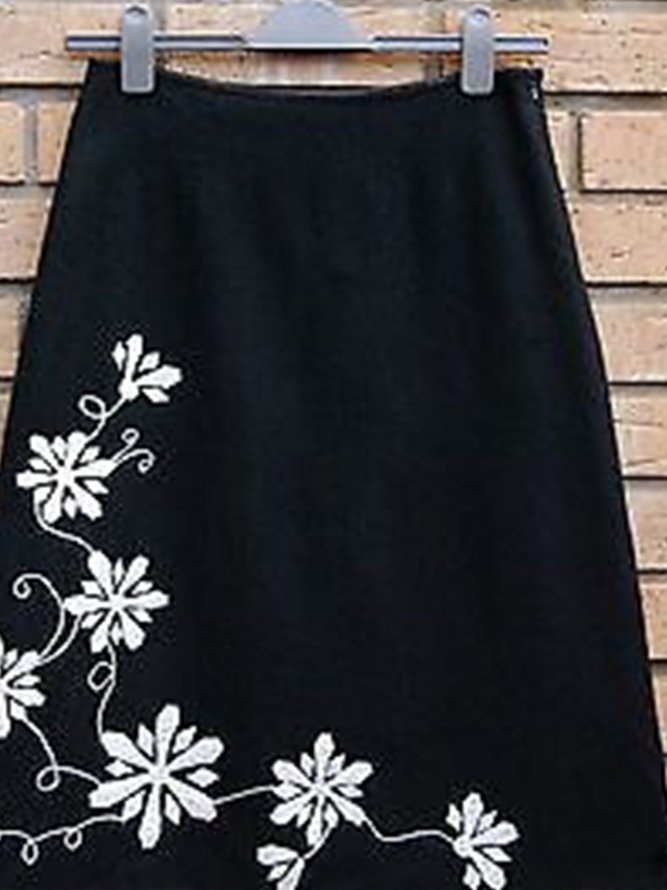 Black Floral Printed Casual Vintage A-line Skirt