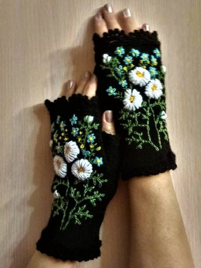 Vintage Black Casual Flower Gloves