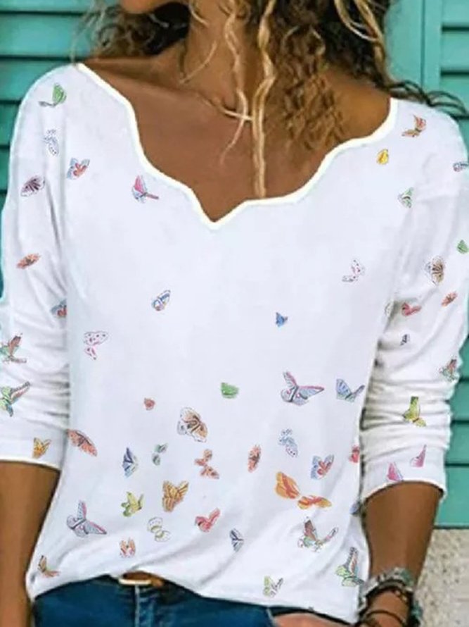 White Casual Floral Printed Long Sleeve Tops