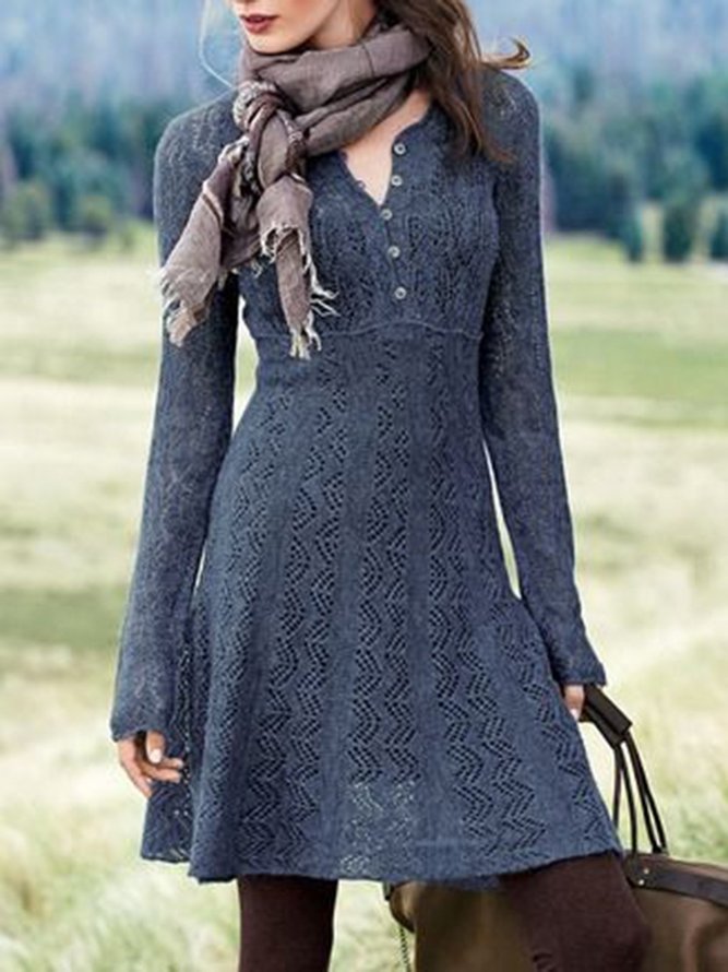 Gray Casual Vintage A-Line Long Sleeve Buttoned Knitted Knitting Dress