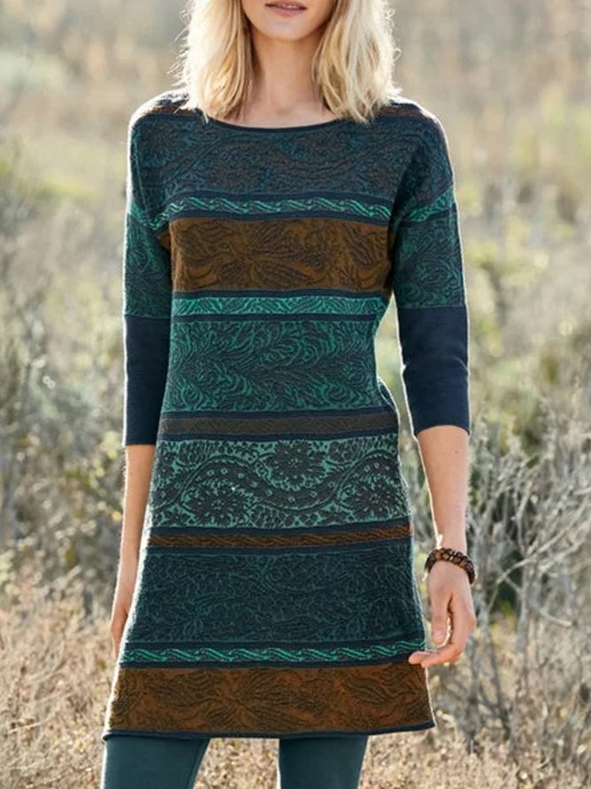 Green Round Neck Long Sleeve Floral Printed Knitting Dress