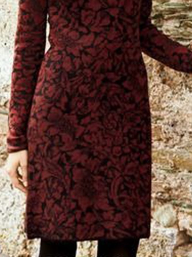 Red Vintage Casual Floral Long Sleeve A-Line Knitting Dress