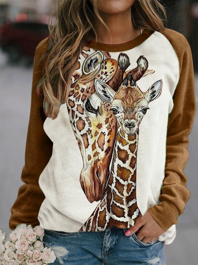 Women's Intimate Giraffe Print Stitching Crew Neck Sweatshirt ...