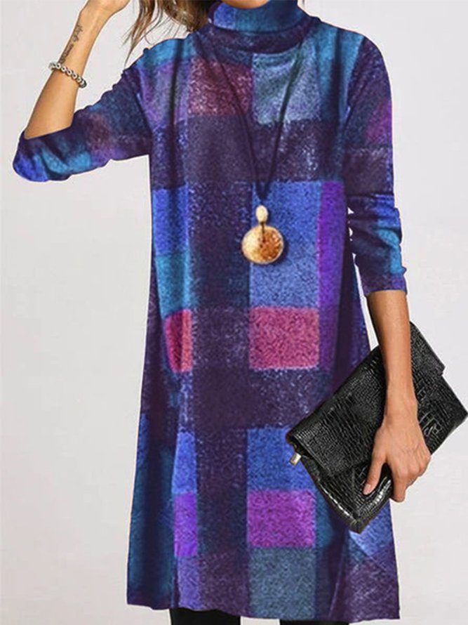 Vintage Plaid Long Sleeve Turtleneck Plus Size Casual Knitting Dress