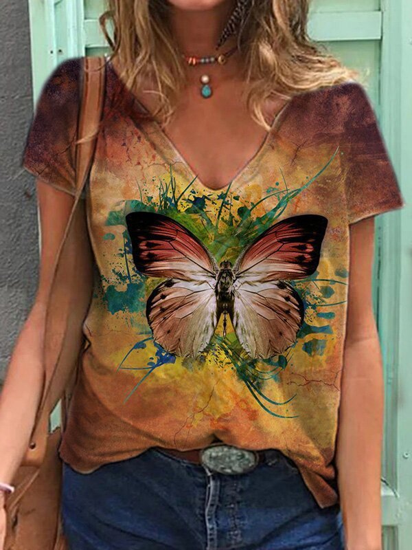 Butterfly Short Sleeve Floral-Print V Neck T-shirt | Clothing ...
