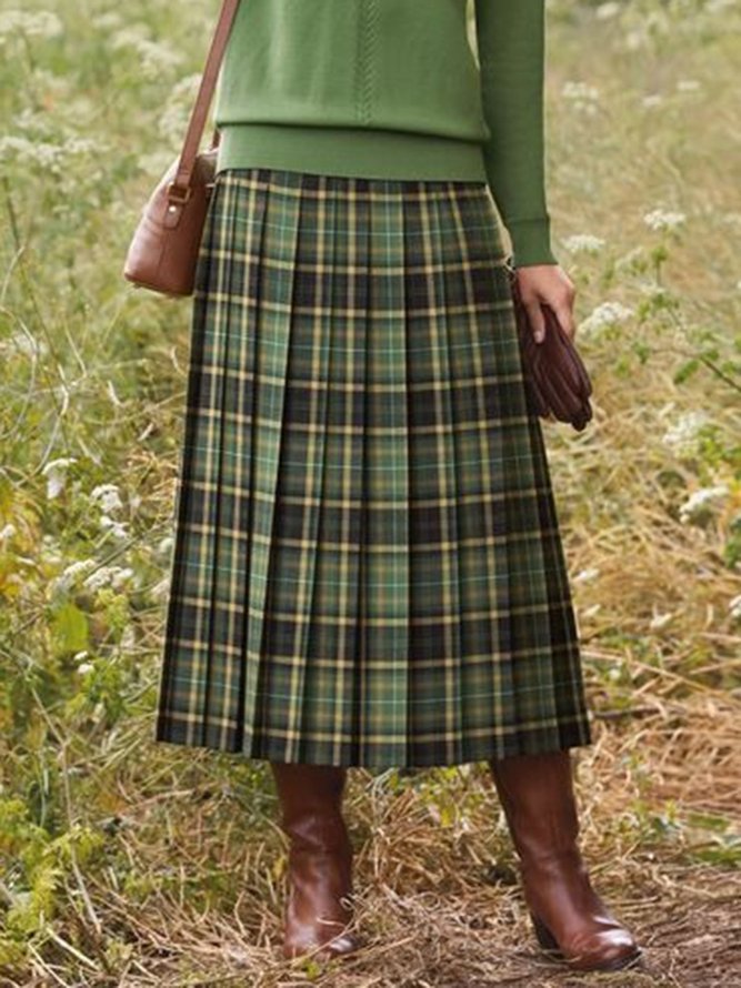 Green Plaid Printed Vintage Casual Aline Skirt noracora