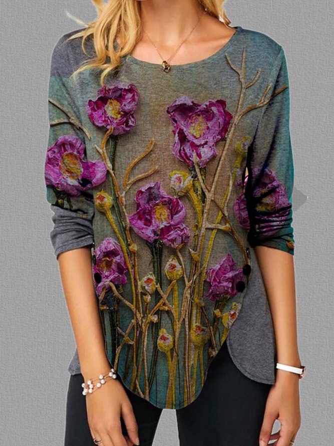 Round Neck Casual Floral Shirts & Tops