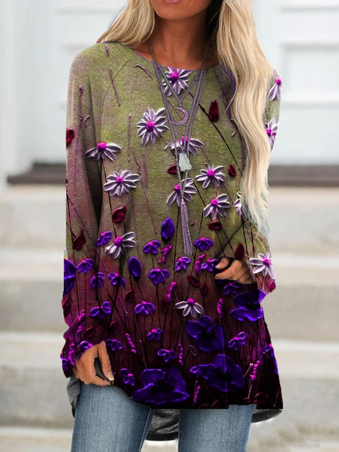 New Women Chic Purple Plus Size Boho Holiday Floral Vintage Casual Shift Tops