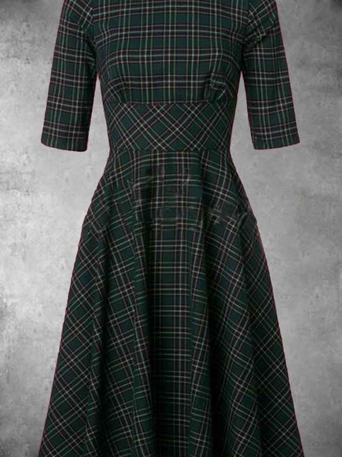 Plus Size Casual Vintage Plaid V Neck Weaving Dress