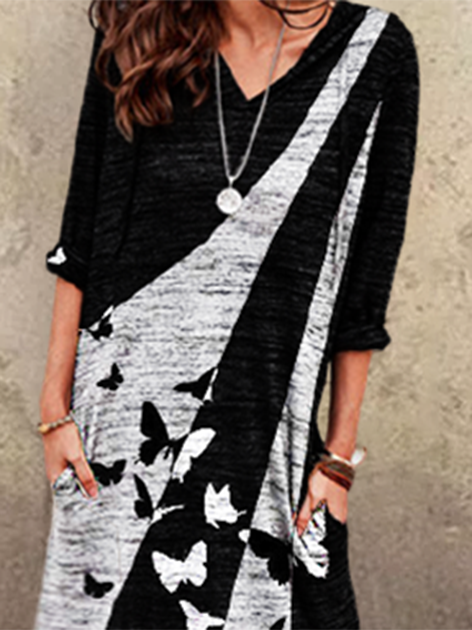 Long Sleeve Cotton Abstract Knitting Dress