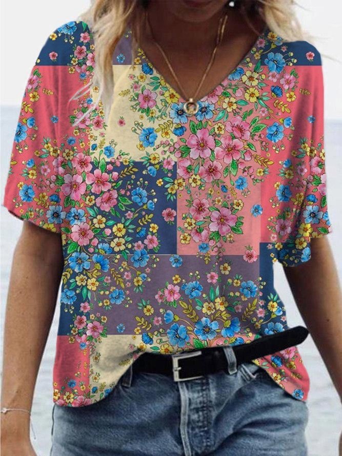Cotton Blend Floral Short Sleeve Vintage T Shirts Noracora