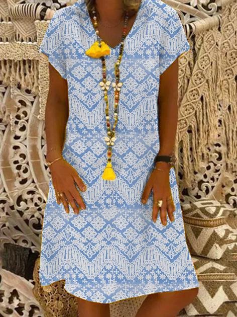 Tribal Short Sleeve A-Line Printed Knitting Dress