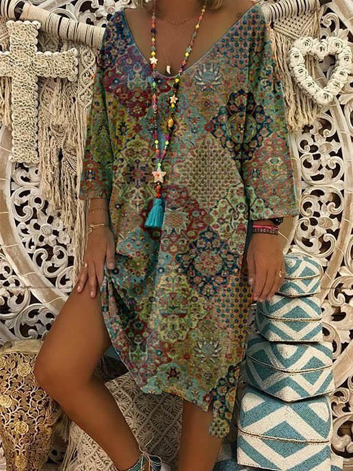 Casual Long Sleeve Printed Tribal Knitting Dress | noracora