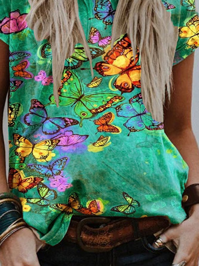 Green Butterfly Printed Crew Neck Short Sleeve Casual Shift T-shirt
