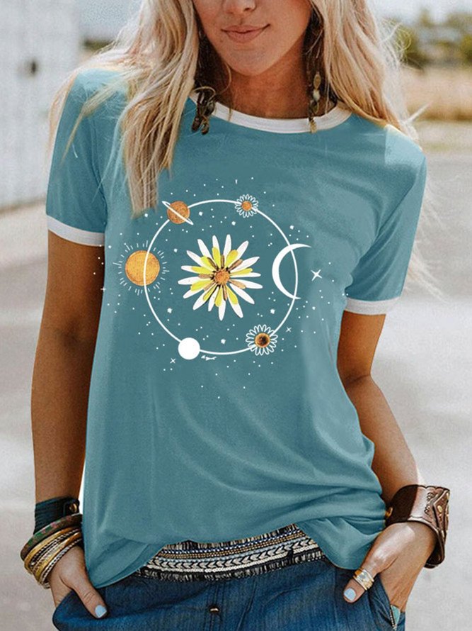 Floral Printed Casual Crew Neck Short Sleeve T-shirt