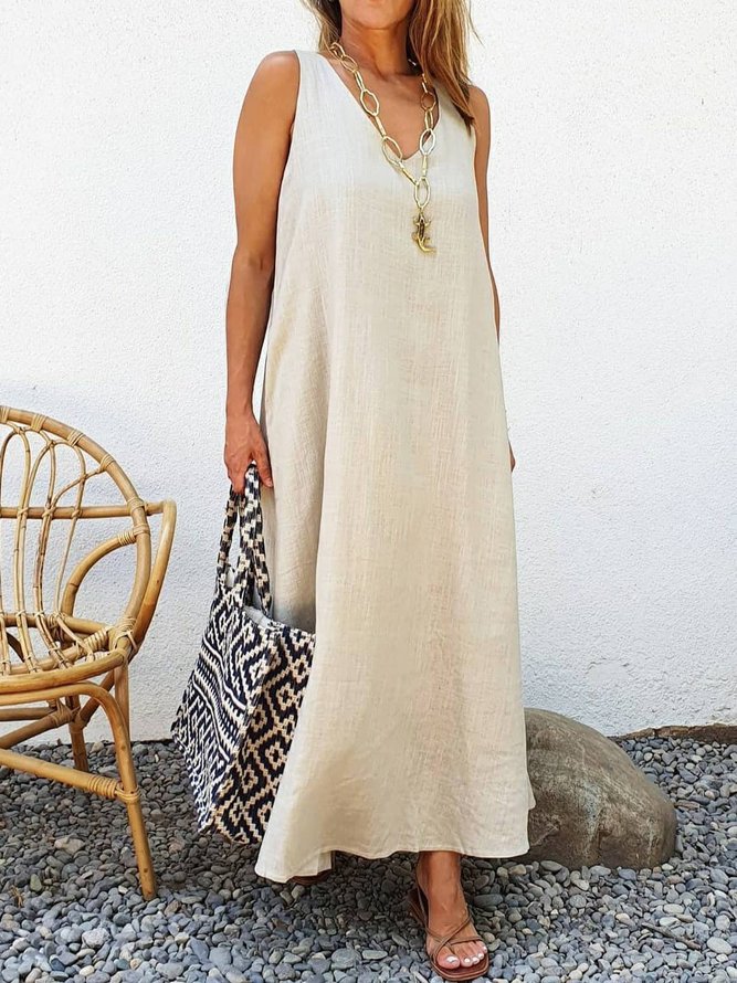 Linen Sleeveless Pockets A-Line Summer Weaving Dress
