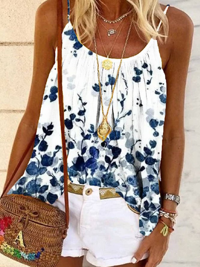 Sleeveless Cotton-Blend Casual Floral Tops