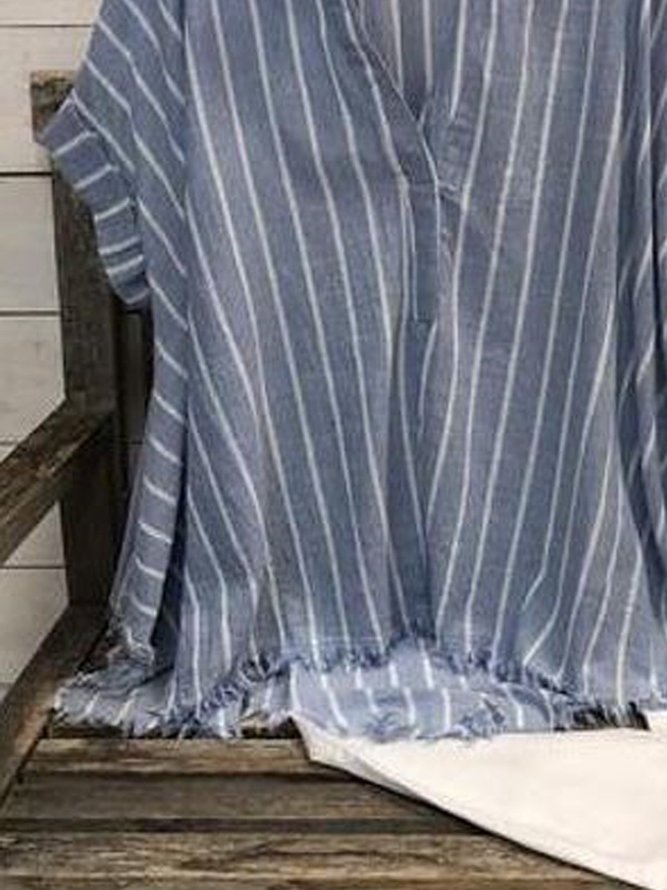 Striped  Short Sleeve  Tassel  Polyester  Shirt Collar Casual  Summer  Blue Top